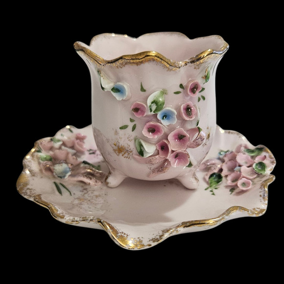 Vintage Norcrest Fine China Pink Floral Footed Cup & Saucer Set D323 Gold Trim - Picture 1 of 7
